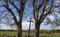 Przydrożny krzyż wśród drzew