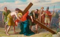 Stacja V – Szymon Cyrenejczyk pomaga nieść krzyż Jezusowi.